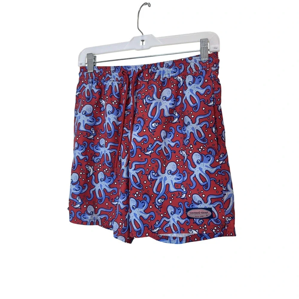 Vineyard Vines Swim‎ Trunks Shorts Mens XS Red Octopus Print Lined Drawstring